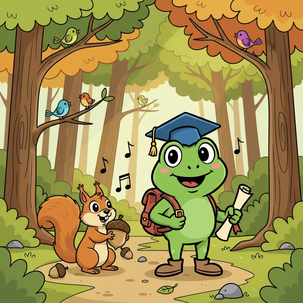 No caminho, ele conheceu um esquilo brincalhão que estava recolhendo nozes. O esquilo contou sobre os perigos da floresta, mas também sobre a beleza das árvores e dos pássaros cantando. Sapinho Sabichão prometeu ter cuidado.