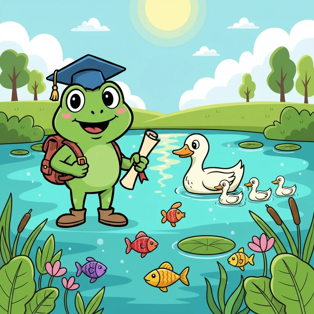 Finalmente, Sapinho Sabichão chegou ao Lago Encantado! A água brilhava sob o sol, e muitas plantas e peixes coloridos viviam ali. Ele encontrou uma família de patos e aprendeu sobre os diferentes tipos de vida aquática.