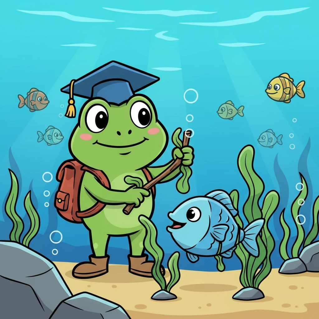 Enquanto explorava, Sapinho Sabichão percebeu um pequeno peixe preso em algas. Sem hesitar, ele usou sua inteligência para libertá-lo. O peixinho agradeceu, e eles se tornaram amigos.