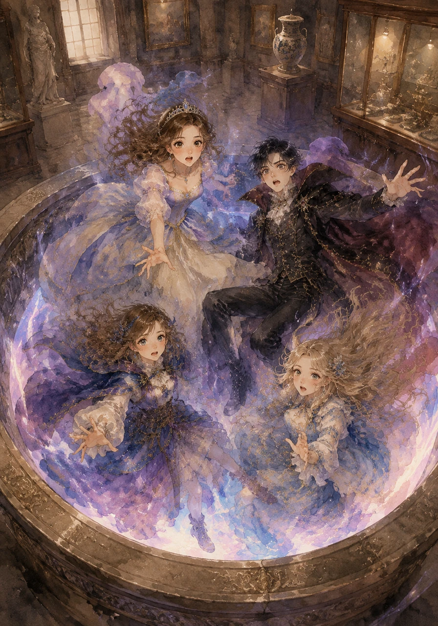 Vanessa dragged her best friends through the local history museum, lingering near an ancient, ornate stone well in the center of the exhibit. As Gabriel offered his usual charming, teasing smirk, Vanessa leaned a bit too far over the edge, losing her balance and pulling Gabriel, Elizabeth, and Alivia down into a swirling vortex of glowing, magical mist.