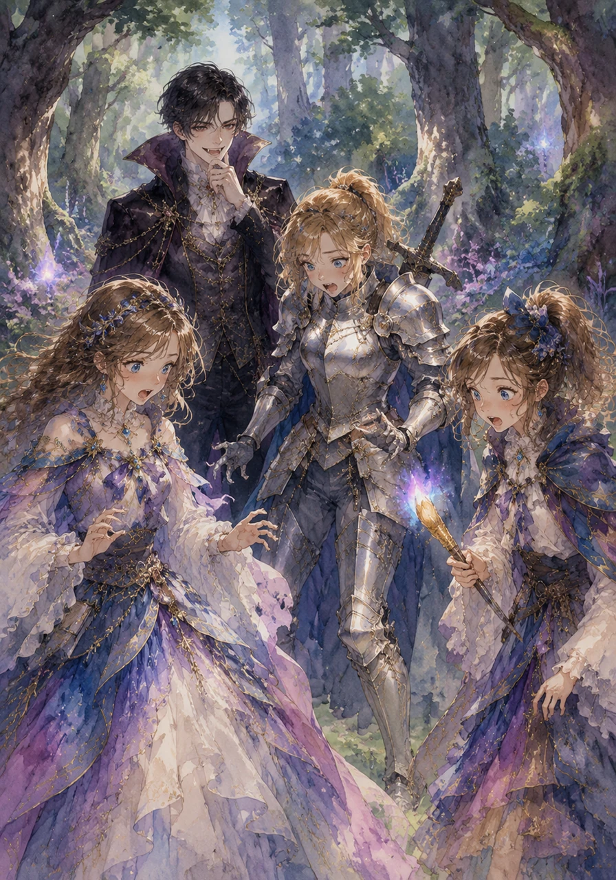 They tumbled out into a vibrant, Disney-like enchanted forest, staring in shock at their sudden transformations. Vanessa wore a flowing princess gown, Elizabeth held a glowing magic paintbrush, Alivia sported gleaming silver armor with a massive sword, and Gabriel stood draped in a regal, dark velvet cape, sporting sharp vampire fangs and an incredibly smug smile.
