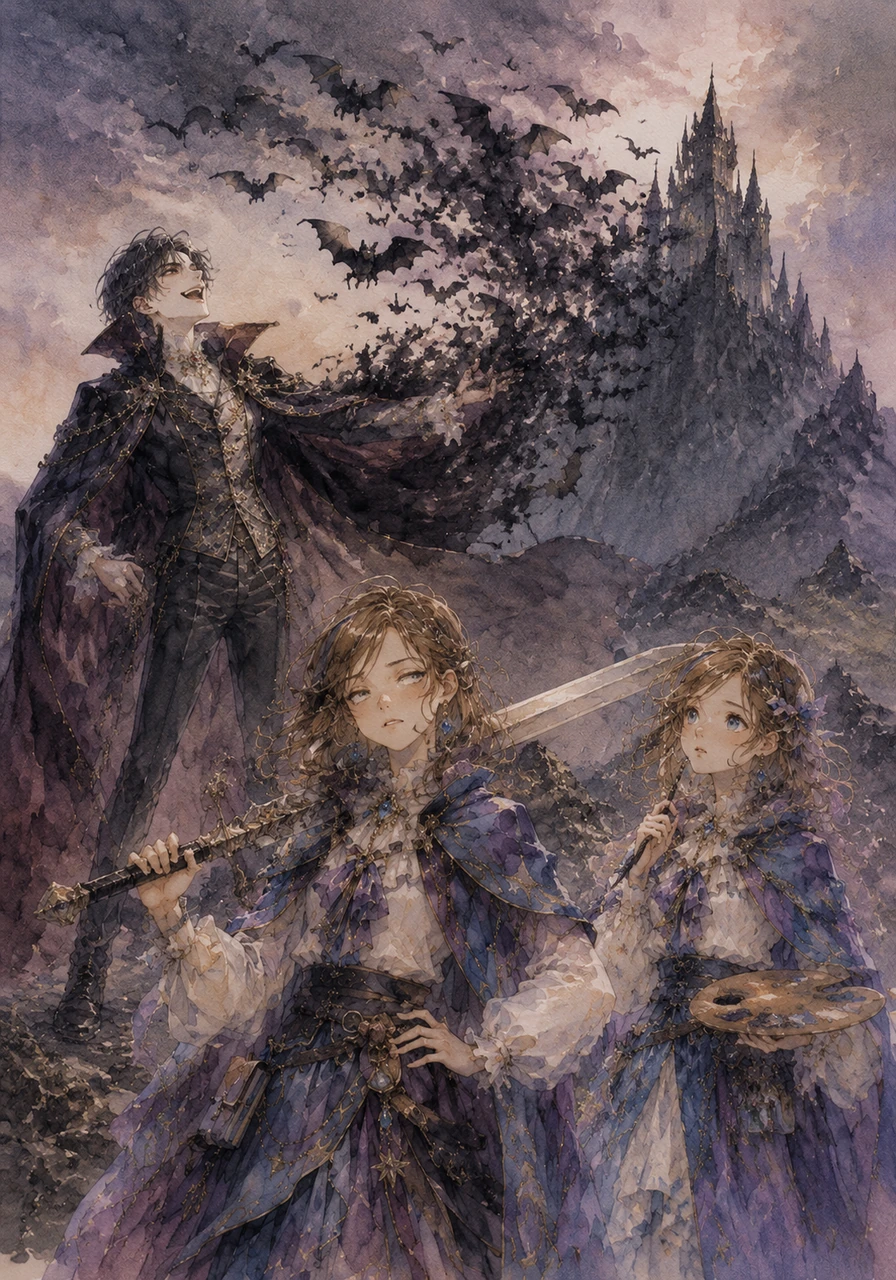Realizing he was the main villain, Gabriel gave a dramatic, theatrical bow and dissolved into a cloud of fluttering bats, laughing as he flew toward a jagged black castle on a distant mountain. Alivia rolled her eyes with a sarcastic groan, hoisting her heavy sword, while Elizabeth nervously tapped her paintbrush, ready to figure out a plan.