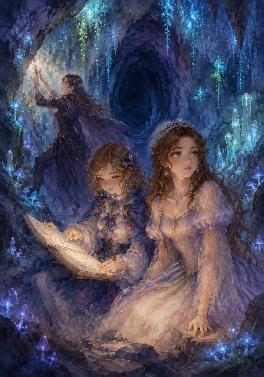 Hiding in a cozy, bioluminescent cavern, the three girls huddled over Elizabeth’s glowing sketchbook to map out an ambush. Alivia eagerly demonstrated sword strikes in the background, while Vanessa stared out the cave entrance, her mind hopelessly distracted by her lingering crush on the mysterious, dark prince.