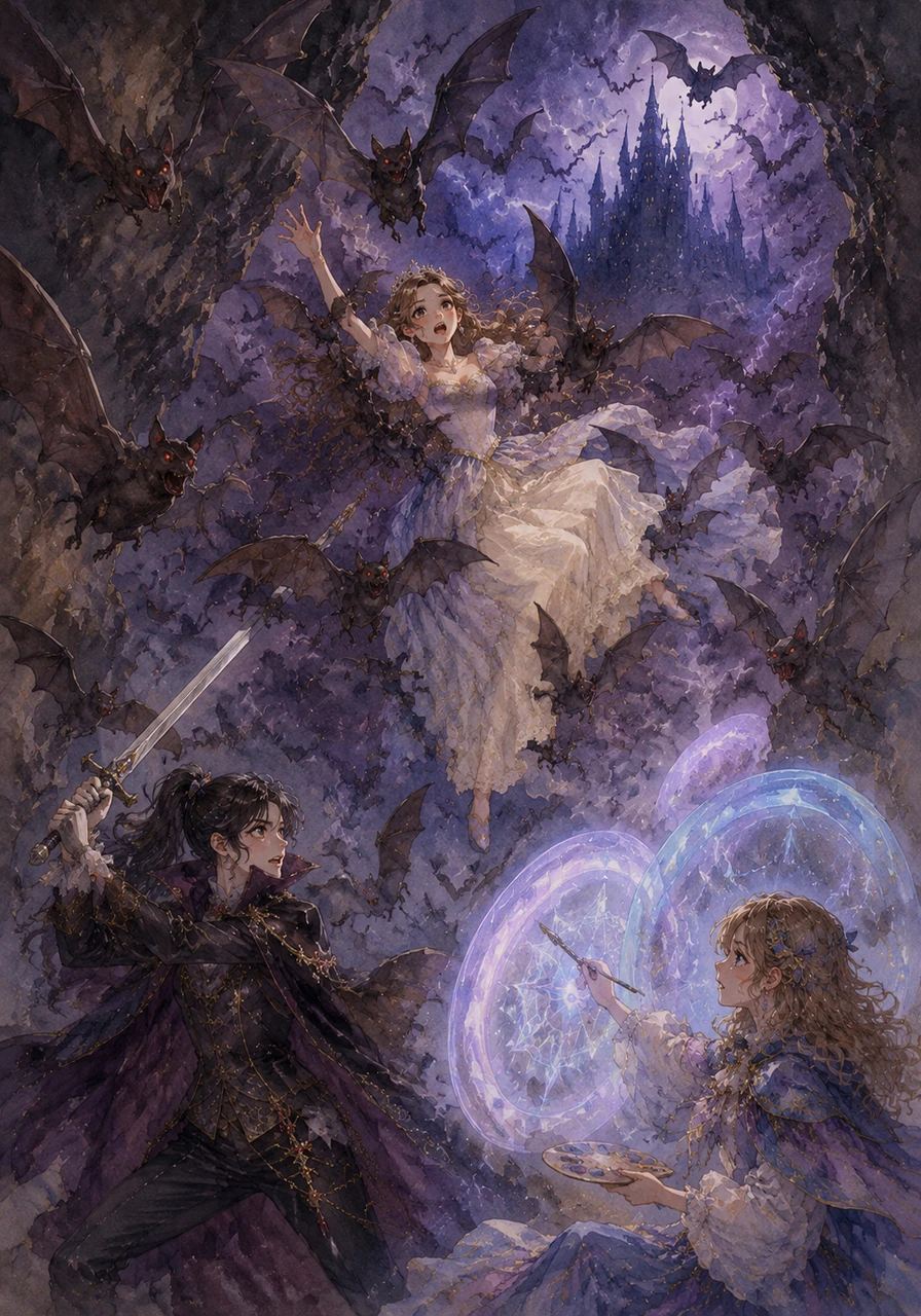 Suddenly, a swarm of glowing-eyed vampire bats burst into the cavern, catching the girls completely off guard. While Alivia swung her sword wildly and Elizabeth painted defensive shields in the air, the screeching creatures scooped Vanessa up, carrying her high into the stormy, purple sky toward the dark castle.