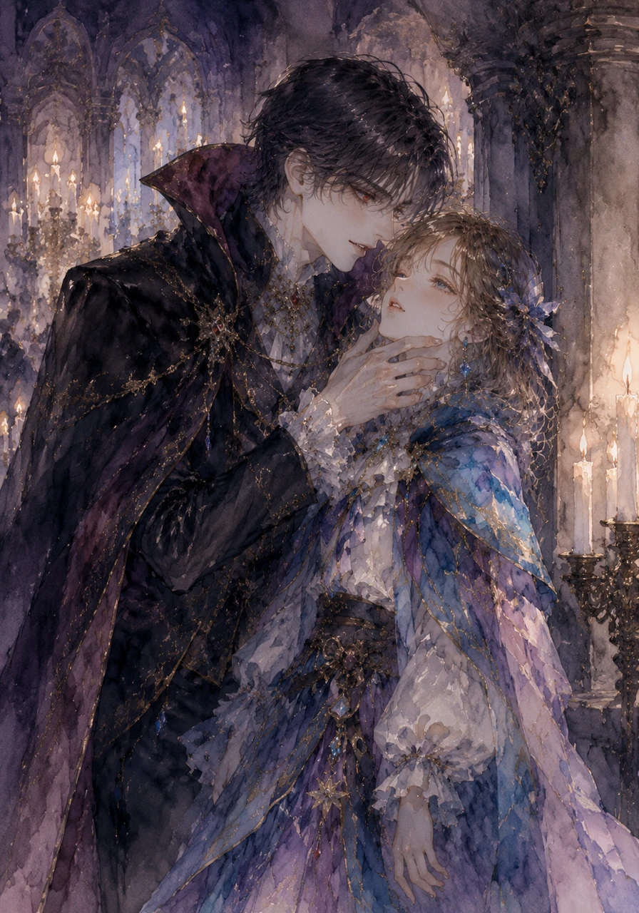 Inside a grand, candlelit gothic ballroom, Gabriel cornered Vanessa, using his hypnotic charm and her known crush to put her under a dark, mesmerizing spell. His eyes glowed crimson as he whispered false promises of ruling the shadow kingdom together, causing Vanessa's gaze to turn glassy and distant.