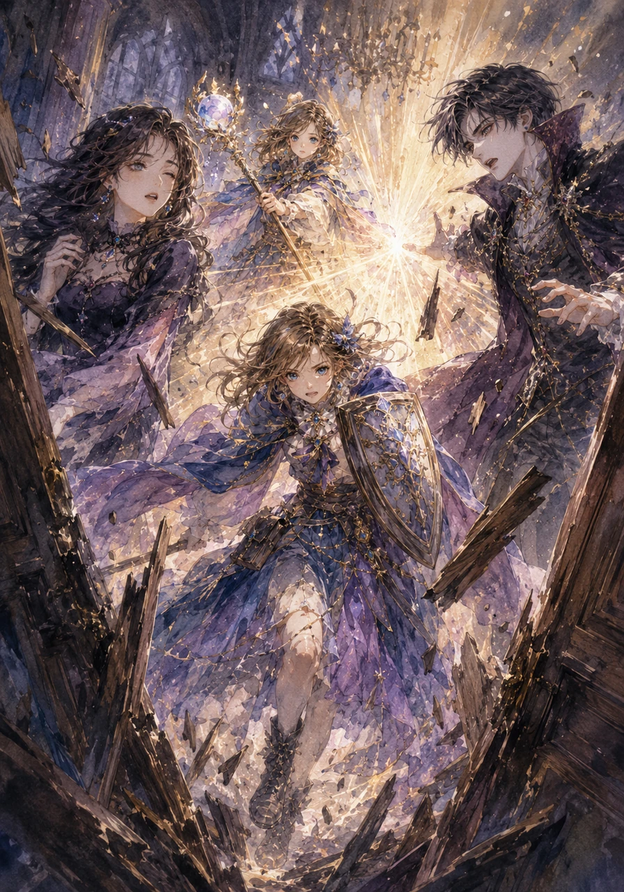 Just as Vanessa was about to give in to the darkness, the heavy ballroom doors splintered into pieces. Alivia charged through the debris with a fierce battle cry, shield raised, while Elizabeth painted a brilliant wave of golden light that shattered Gabriel's hypnotic spell and brought Vanessa blinking back to her senses.