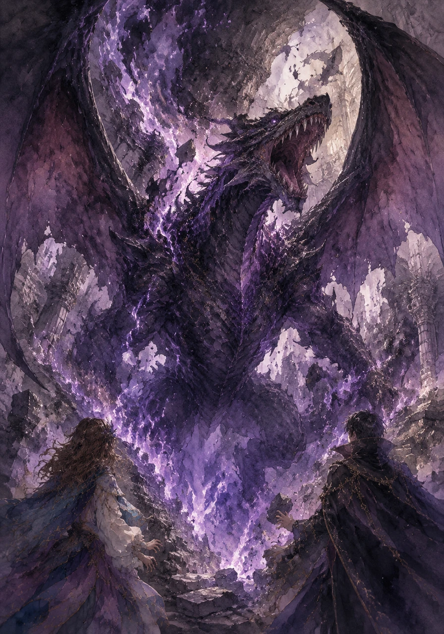 Furious that his plan was ruined, Gabriel snarled as dark magic swirled violently around him, triggering a monstrous transformation. In a burst of purple flames and shadows, he grew into a massive, terrifying bat-dragon hybrid creature, roaring and shaking the very foundations of the castle.