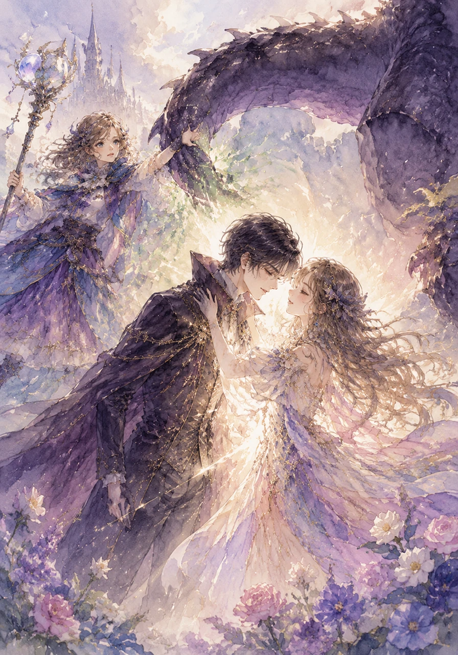 Alivia and Elizabeth held off the beast's sweeping tail, creating an opening for Vanessa to step forward completely unarmed. Looking past the terrifying monster, Vanessa channeled the pure power of her true feelings, enveloping Gabriel in a radiant, warm embrace of light that shattered the darkness, restoring him to normal and filling the fairytale world with brilliant color once again.