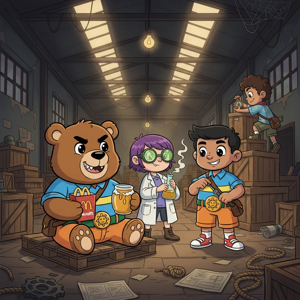 La ciudad estaba extrañamente silenciosa, un vacío que presagiaba problemas. En un viejo almacén abandonado, bajo luces parpadeantes que apenas iluminaban la oscuridad, se congregaban por primera vez los nuevos y excéntricos villanos. Juan, un osito rechoncho con su comida de McDonald's y un tarro de miel, sonreía con malicia.