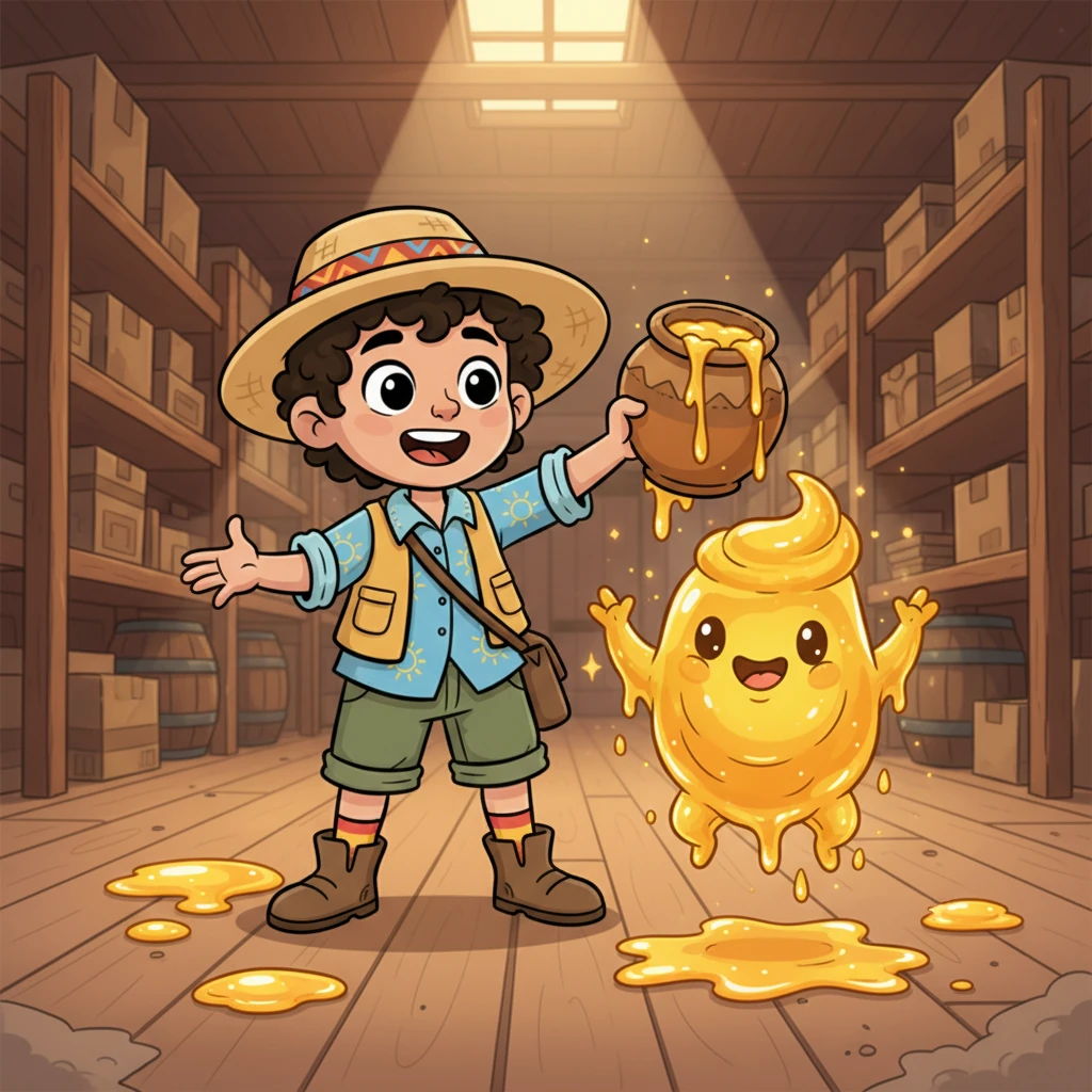 "¡Es hora de pegar este mundo entero!", exclamó Juan con entusiasmo, su voz resonando en el almacén. Su pegajosa miel comenzó a gotear incontrolablemente del tarro, formando charcos brillantes y súper pegajosos en el suelo polvoriento. Con un gesto grandioso, Juan invocó a su primer esbirro, listo para la acción.