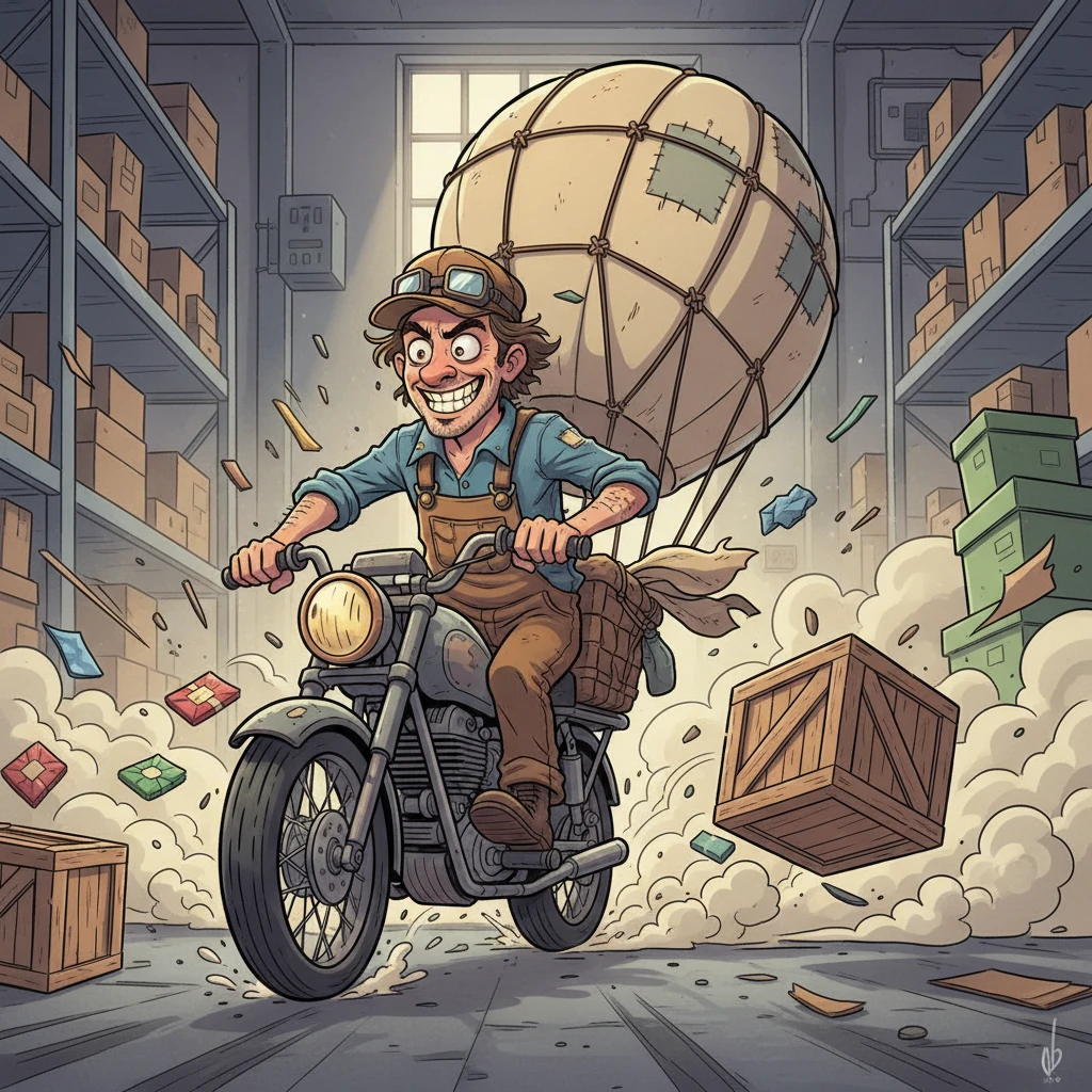 Con un rugido ensordecedor, El Repartidor del Globo irrumpió en el almacén sobre su moto, derrapando con una velocidad salvaje. Sus ojos desorbitados brillaban con una locura juguetona mientras destrozaba cajas y esparcía escombros por todas partes. "¿A quién atropello primero?", gritó, listo para sembrar el caos.