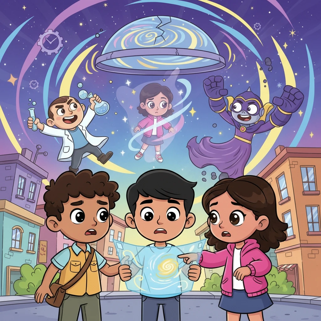 Mientras tanto, el caos ya era total en la ciudad, los villanos desatados sembrando el pánico. La Liga de los Buenos buscaba desesperadamente a su amiga Alba, su preocupación palpable. Una niña con ojos brillantes señaló un punto en un mapa holográfico: "¡Está ahí... entre dos tiempos!". Alba fue rescatada de un limbo temporal, regresando justo a tiempo para ver la ciudad bajo ataque.