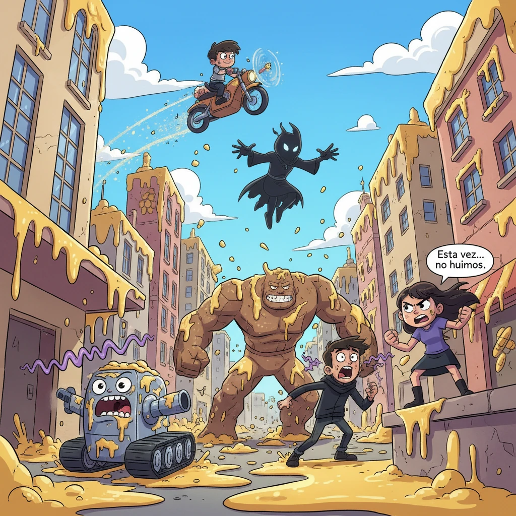 La ciudad se había convertido en un campo de batalla vibrante y caótico. Miel pegajosa cubría edificios enteros, mientras la moto del Repartidor volaba audazmente entre los rascacielos. Henry embestía como un tanque imparable, abriendo caminos con su fuerza metálica. Rachid gritaba desde las sombras, paralizando a los incautos, y en medio de todo, Nela flotaba ominosamente en el aire, observando su reino de destrucción. Agustín avanzaba paso a paso, su presencia colosal aplastando todo a su paso. Alba apretó los puños, su determinación inquebrantable. "Esta vez... no huimos", declaró con voz firme.