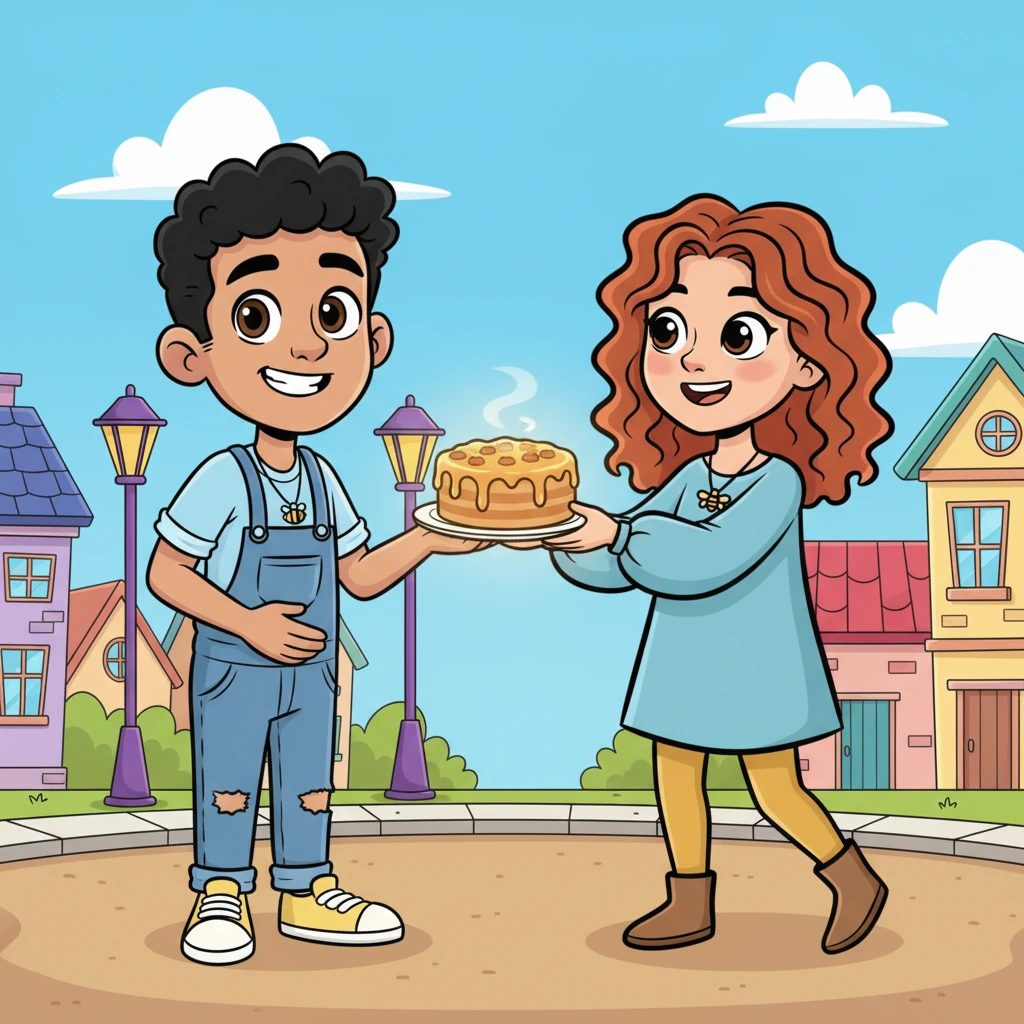 One sunny afternoon, Peter calls out to Jo and offers her a freshly baked honey cake, still warm from the oven. Jo's eyes widen with surprise and delight as she accepts the sweet treat, its golden glow a beacon of unexpected warmth. It's a small gesture, but it fills her with an unusual happiness.