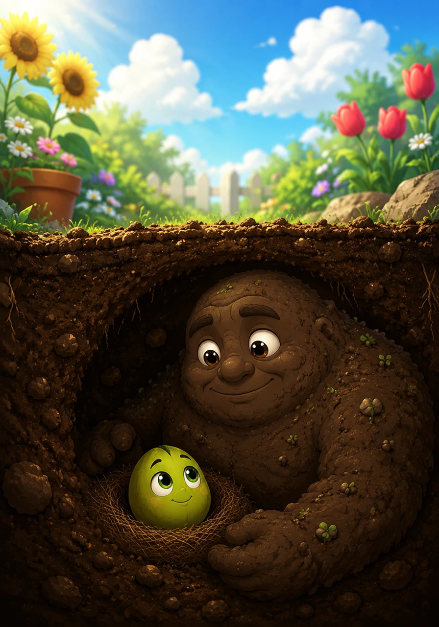 In a cozy corner of a sun-drenched garden, a tiny seed named Pip lay tucked safely beneath the soft, dark earth. He was small and round, dreaming of the day he would finally reach up and touch the fluffy white clouds.