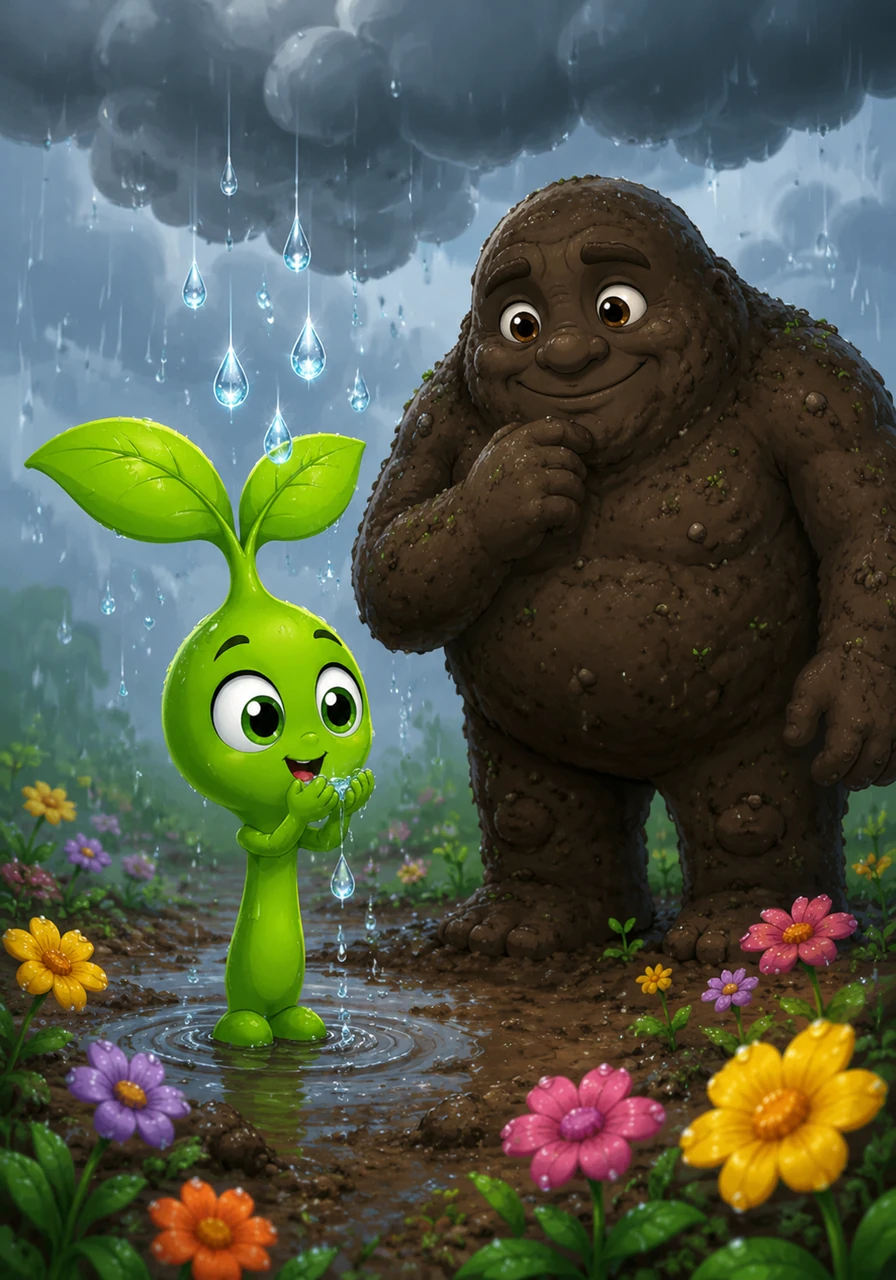When the clouds gathered and cool, refreshing rain soaked into the ground, Pip drank his fill. He asked the sparkling water drops if he had finally become big and powerful enough to stand above the flowers.