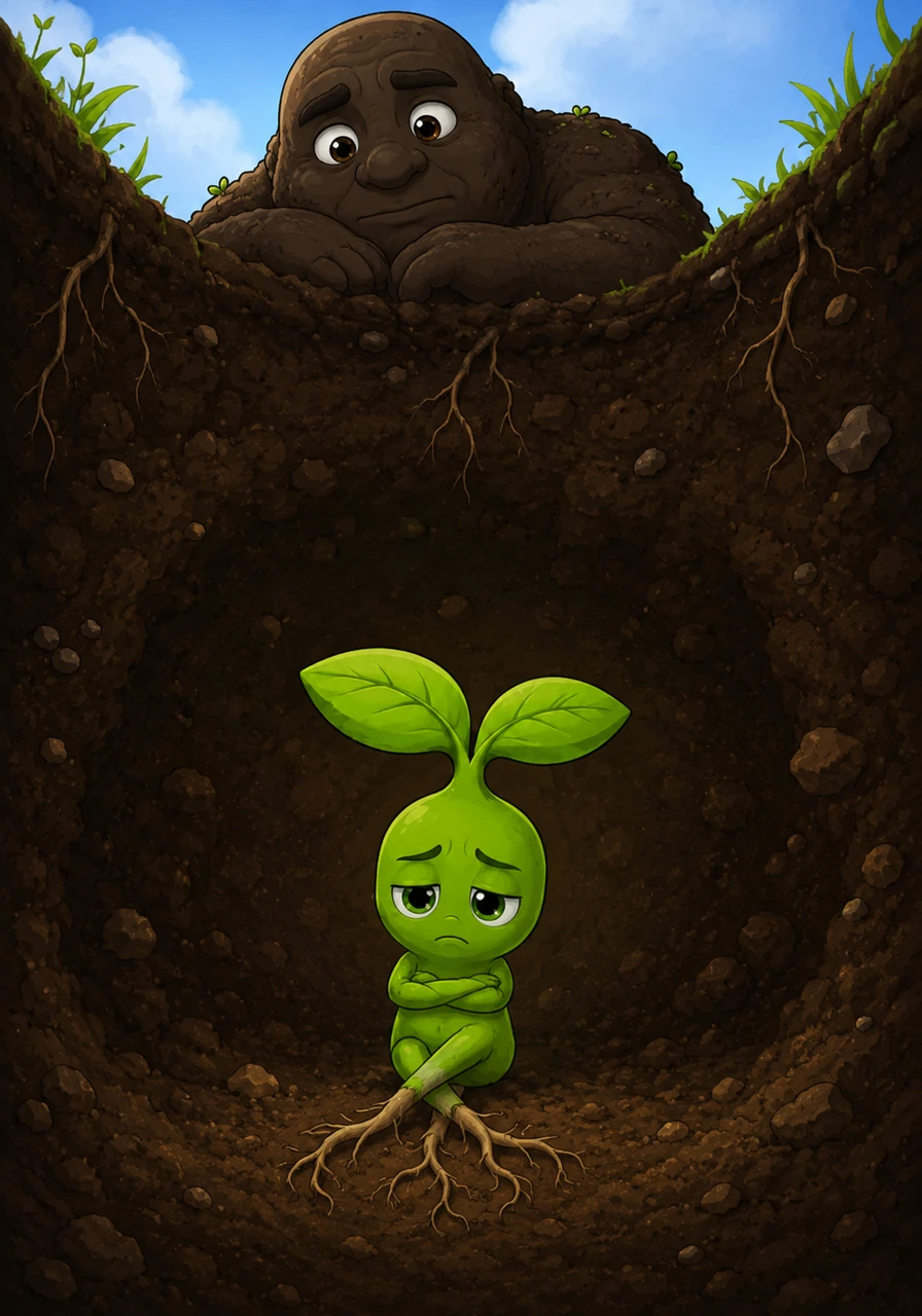 Days passed by, but Pip still felt like a tiny seed hidden in the dark. He crossed his little roots and sighed deeply, feeling frustrated that nothing seemed to be changing no matter how hard he tried.