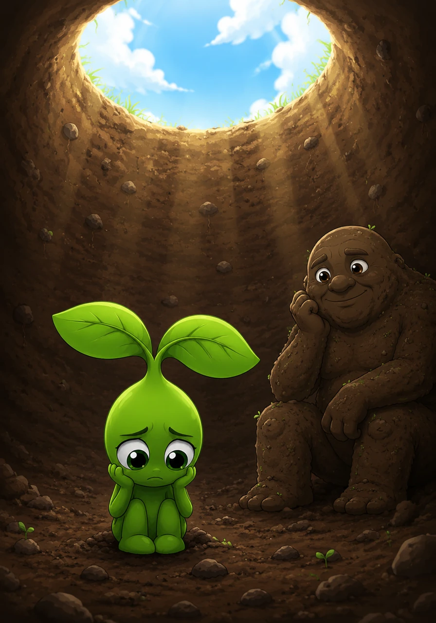 Tired of waiting and feeling very small, Pip began to lose hope and thought about giving up on his big dreams. He felt lonely in the dirt, wondering if he would ever get to see the beautiful world above him.