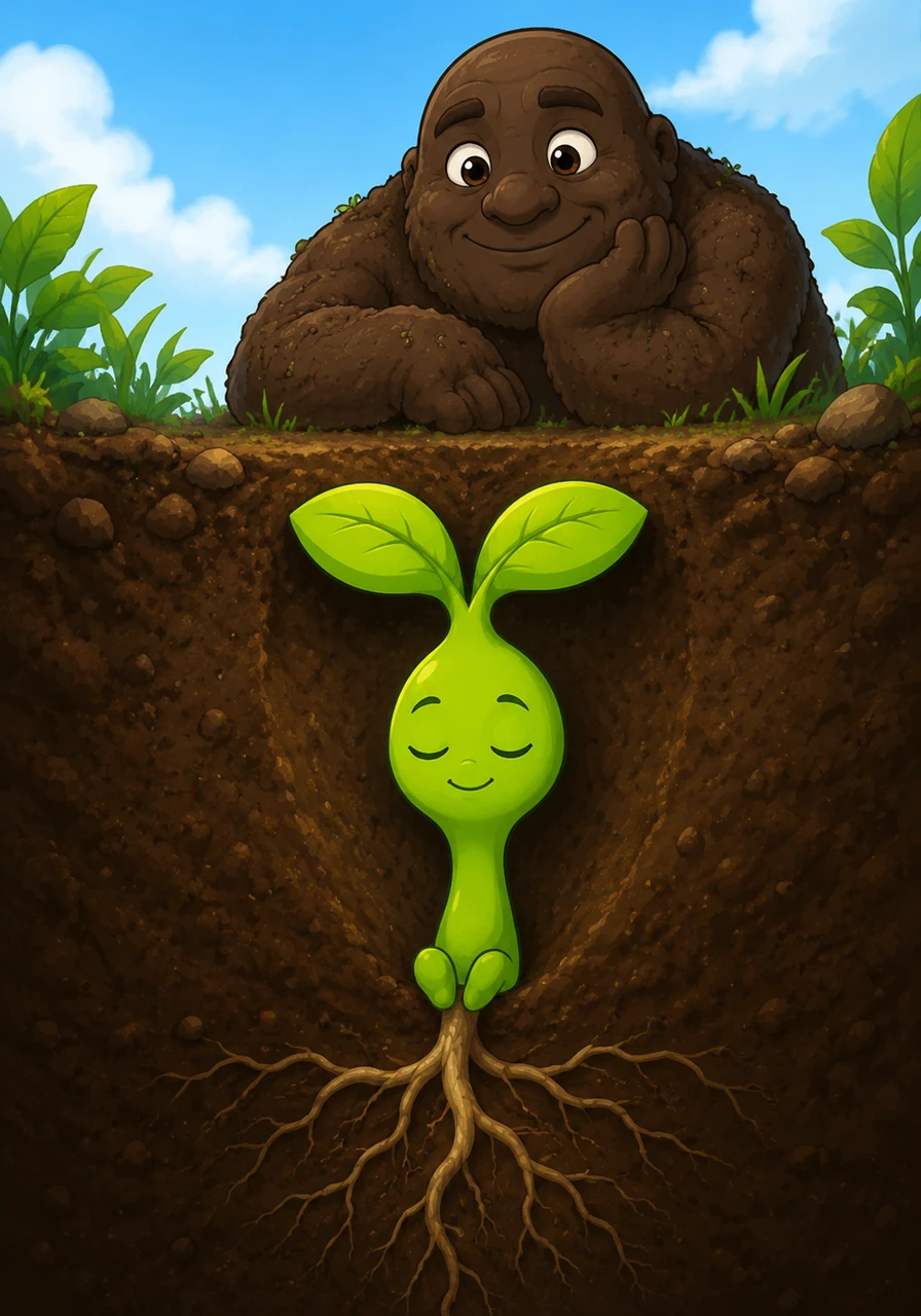 Pip took a deep, calming breath and decided to trust the Earth's wise words. He stopped rushing and settled into the soil, choosing to be patient and keep working on his roots deep underground.