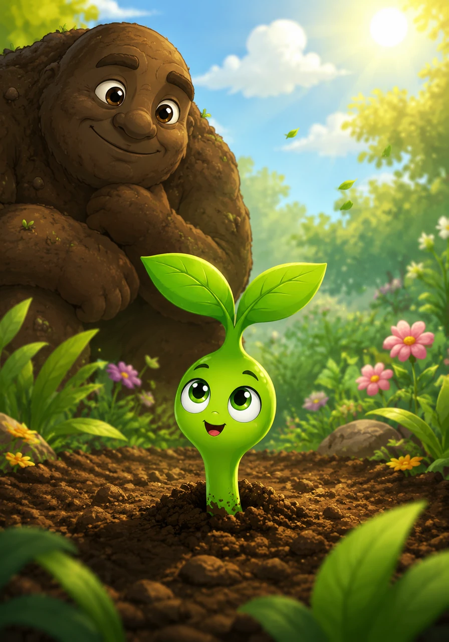 After many weeks of quiet waiting, a tiny, bright green sprout finally pushed through the surface of the garden. Pip blinked in the warm sunlight for the first time, feeling the soft breeze on his very first set of leaves.
