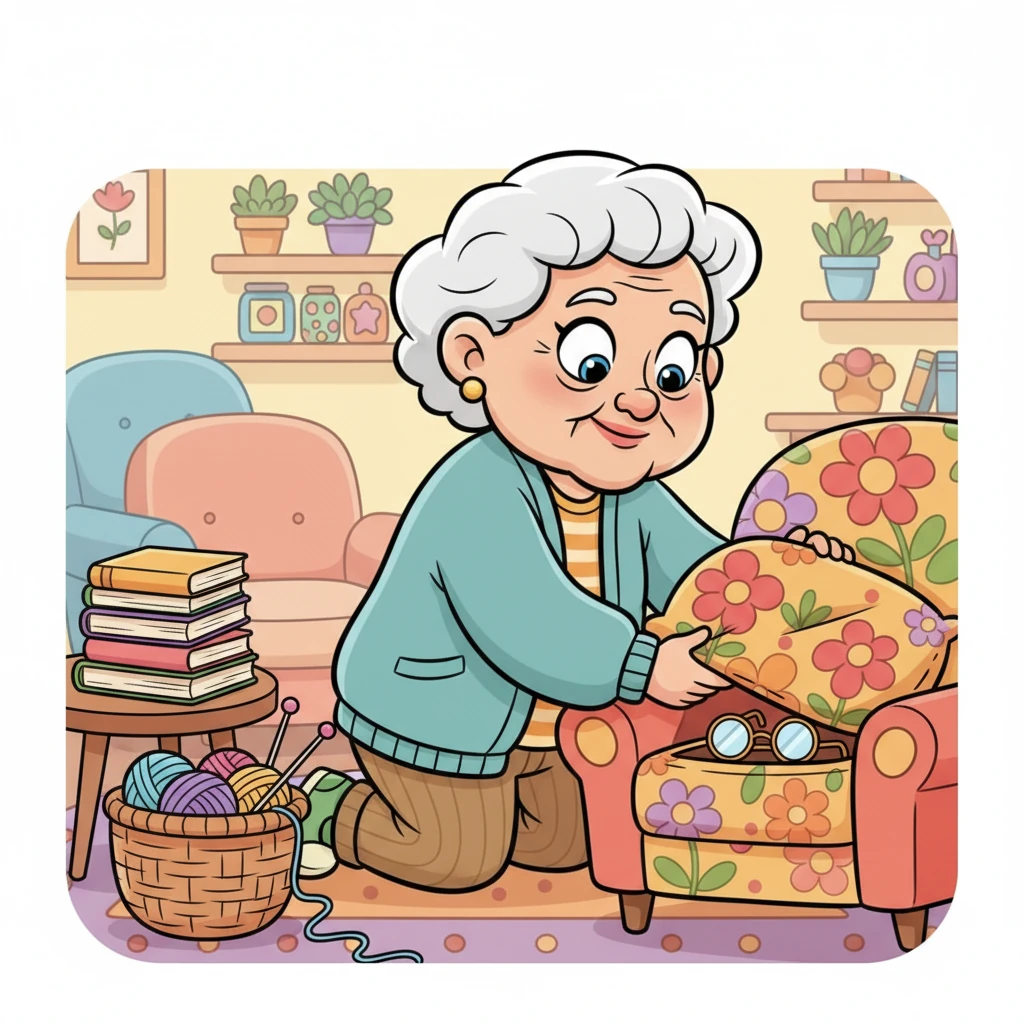 Elsie is in her cozy, colorful living room, looking for her spectacles. Her big, expressive eyes are wide with a playful frown as she searches under a bright floral cushion. A stack of books and a knitting basket are nearby, hinting at her hobbies. The room is filled with warm, inviting colors and soft, rounded furniture.