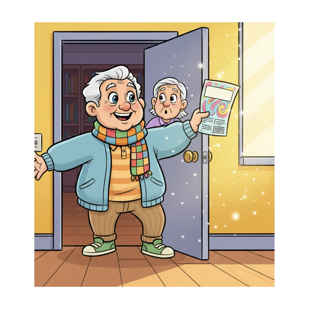 Her cheerful friend, Grace, with a bright smile and a patterned scarf, peeks through Elsie's open door, holding a colorful flyer. Grace gestures warmly, inviting Elsie to join her for a special gathering. Sunlight streams into the hallway, illuminating dust motes dancing in the air. Elsie looks up, a glimmer of curiosity in her eyes.