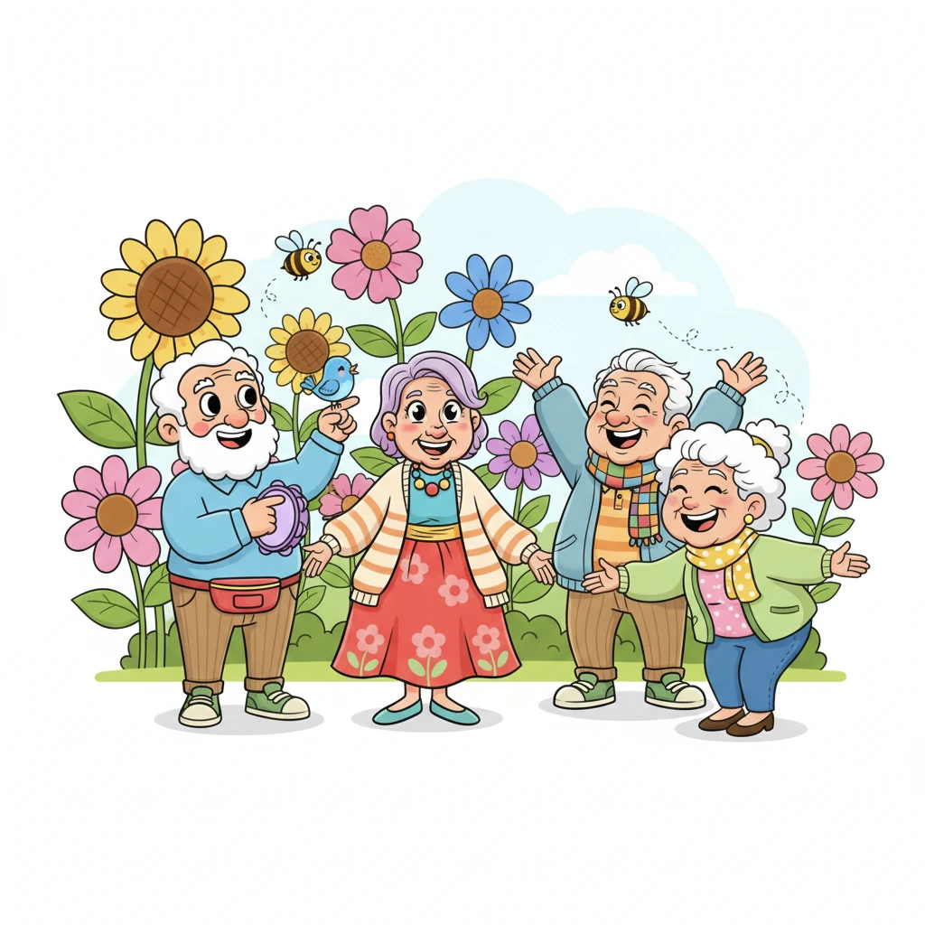 Elsie, Grace, Arthur, and Betty are gathered in a vibrant community garden, surrounded by oversized, blooming flowers and friendly buzzing bees. Arthur, with his thoughtful expression, is pointing to a bird, while energetic Betty stretches playfully. Laughter bubbles up as they greet each other, ready for their "Brain Spark Club" meeting. The air is filled with the sweet scent of blossoms.