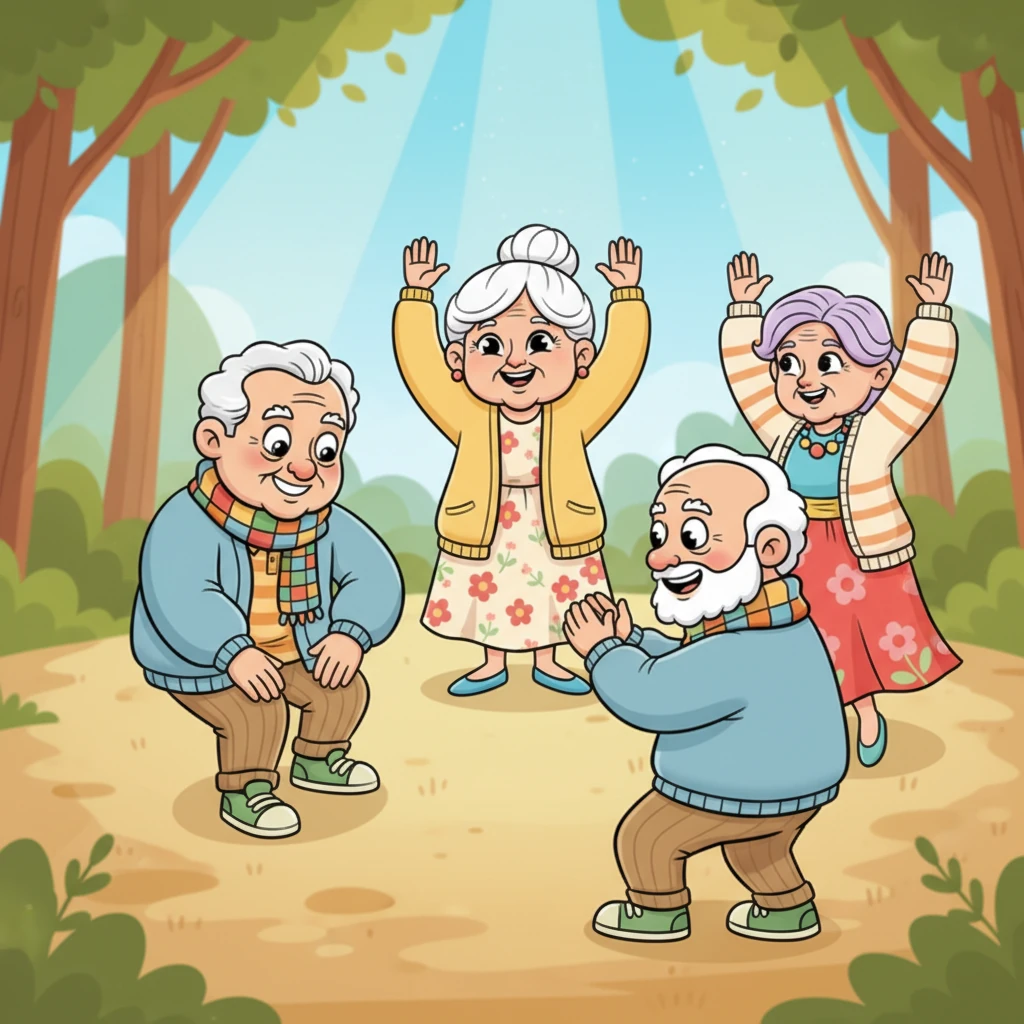 The four friends stand in a whimsical circle, performing a "Memory March." They playfully tap their knees, clap their hands, and gently stretch their arms up high, following Betty's lead. Their faces are beaming with concentration and joy, as if recalling each movement with a happy little dance. Bright sunlight filters through the leaves, dappling the ground in cheerful patterns.