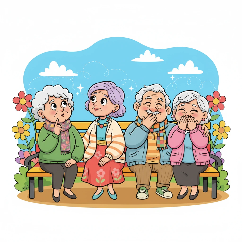 Now seated on a brightly colored bench, they are deep in a "Story Chain" game. Elsie, with a thoughtful finger on her chin, adds a new, imaginative sentence to their collective tale. Grace listens intently, her head tilted, while Arthur and Betty giggle softly. The story they're creating is filled with fantastical elements, making their eyes sparkle.