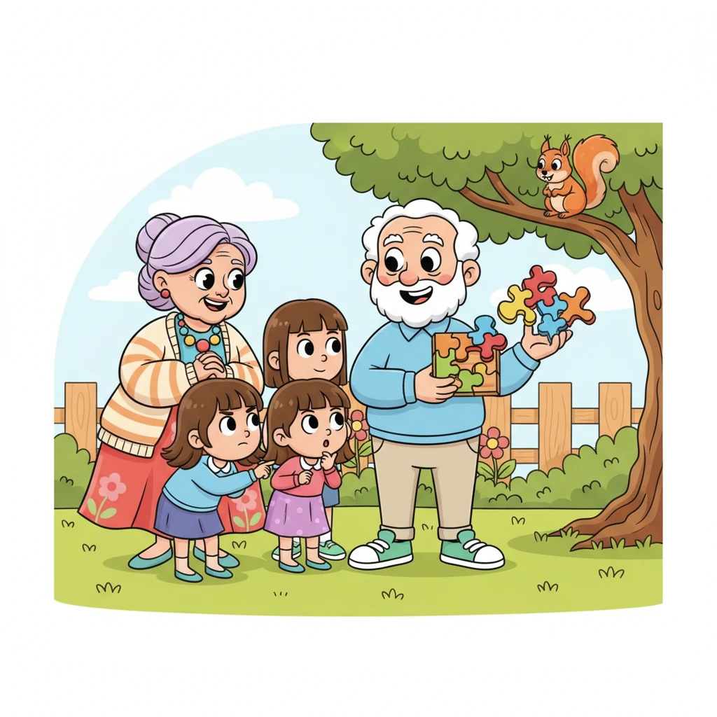 Arthur proudly presents a new, intricately designed wooden brain-teaser puzzle, its pieces brightly colored and uniquely shaped. He explains the challenge with a patient smile, while Elsie, Grace, and Betty lean in eagerly. Their expressions are a mix of curiosity and determination, ready to tackle the mental exercise. A playful squirrel watches from a nearby tree branch.