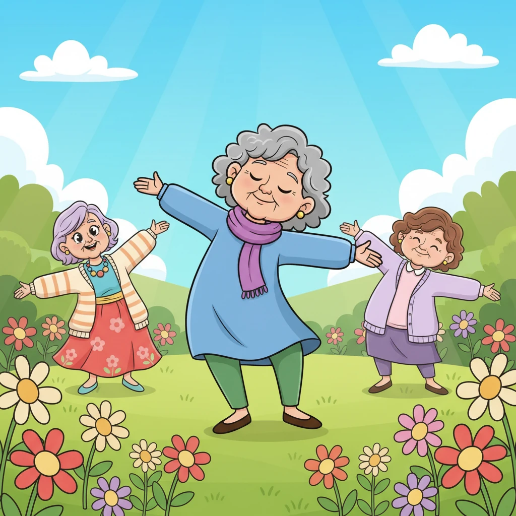 Betty, with her arms gracefully outstretched, leads the group in a "Mindful Movement" dance, her movements fluid and joyful. Elsie, Grace, and Arthur mirror her, swaying gently and stretching their limbs with relaxed smiles. The dance is slow and deliberate, encouraging focus and body awareness. They move like happy, colorful butterflies in the sun.