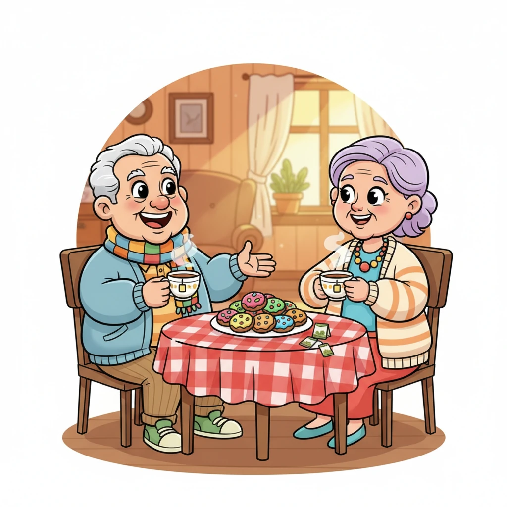 The friends sit around a small, round table covered with a checkered tablecloth, enjoying cups of fragrant herbal tea. They chat animatedly, sharing stories from their day and reinforcing their strong bonds of friendship. A plate of colorful, oversized cookies sits invitingly in the center. The scene radiates warmth, comfort, and camaraderie.