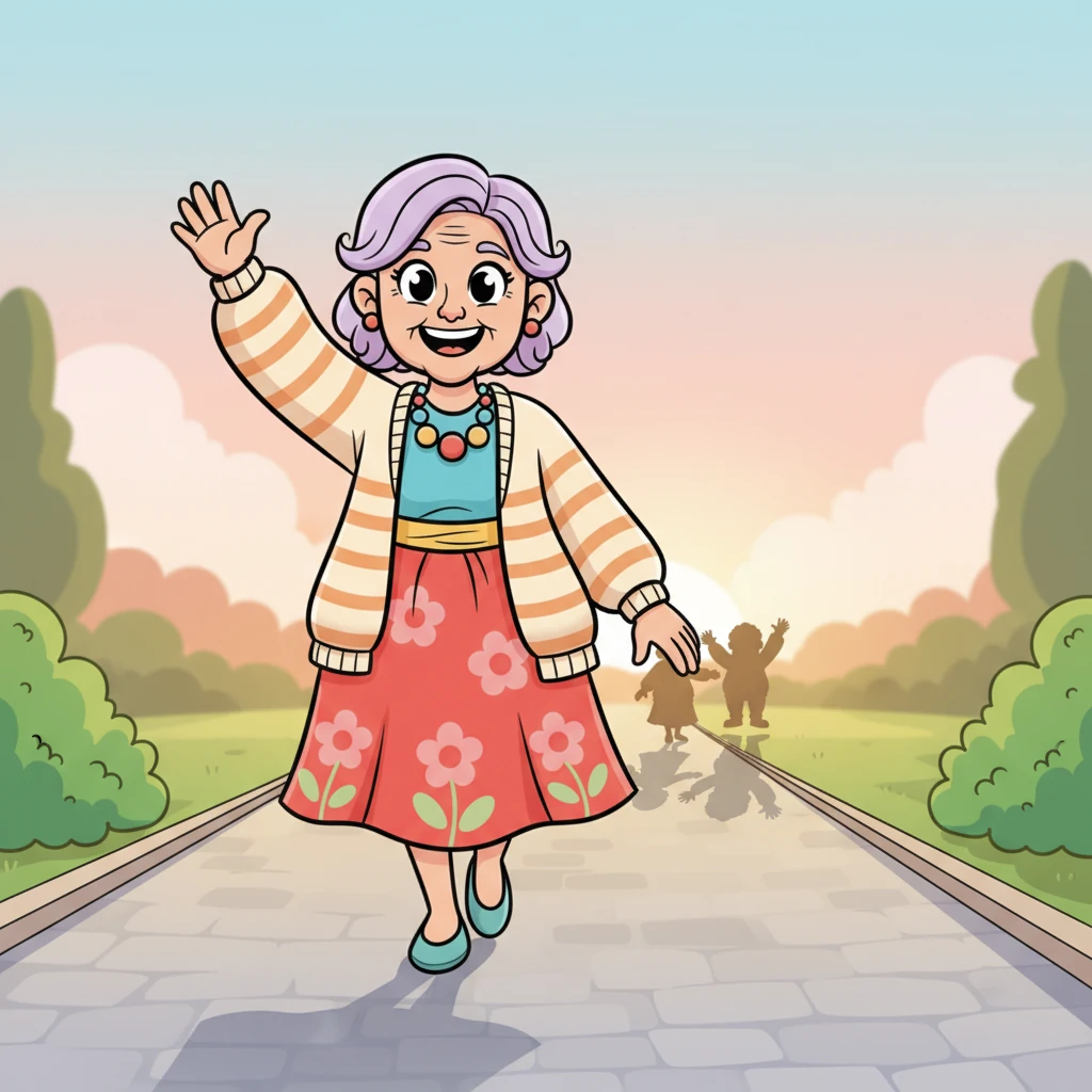 Elsie waves goodbye to her friends, her heart full of happiness and a spring in her step. She looks forward to their next meeting, feeling sharper and more connected than ever. The setting sun casts long, cheerful shadows as she walks home, a bright, confident smile on her face. Her mind feels clear and invigorated.