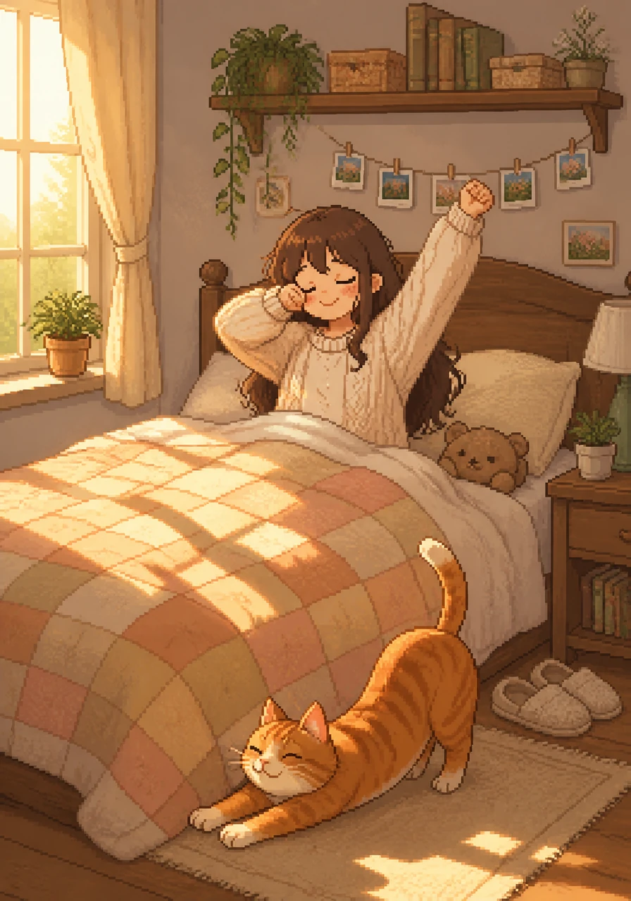 Elara wakes up as the first golden rays of sunlight dance across her quilt. Her ginger cat, Mochi, stretches lazily at the foot of the bed, purring a soft greeting to the new day.