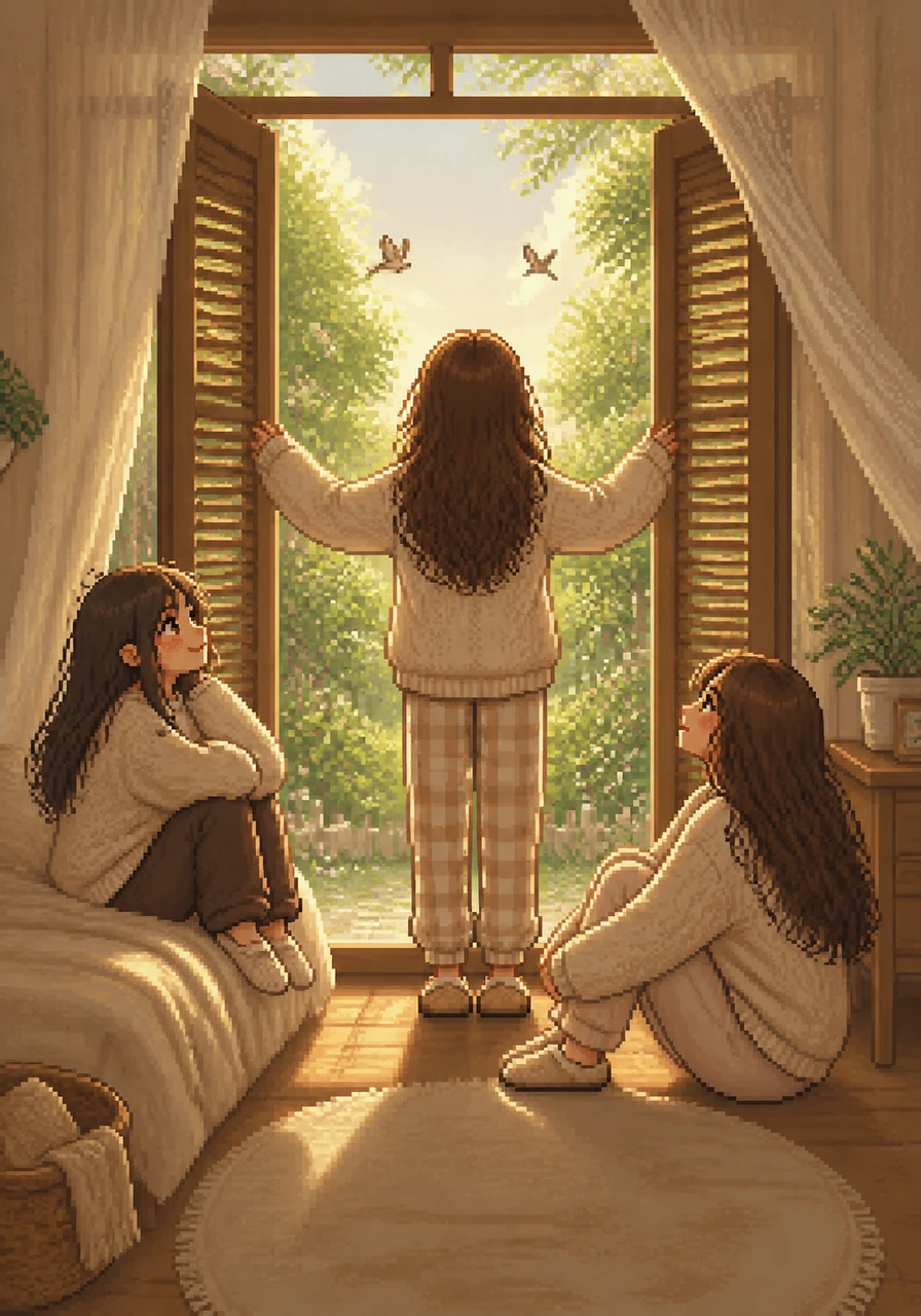 She pushes open the wooden shutters, letting in the crisp morning air and the sound of birds chirping in the garden. The world outside is bathed in a soft, ethereal glow, promising a beautiful day ahead.