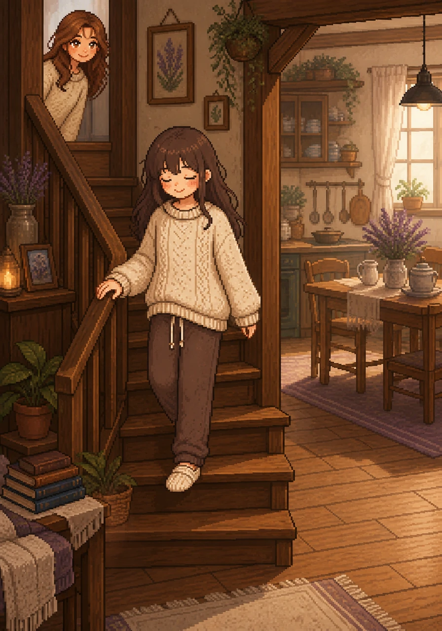 Tiptoeing down the creaky wooden stairs, Elara heads toward the kitchen, the heart of her home. The house is still quiet, but the lingering scent of lavender and old books makes it feel incredibly welcoming.