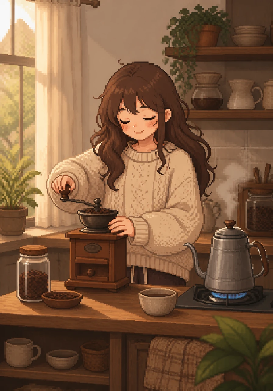 She begins her morning ritual by grinding fresh coffee beans, the rich aroma instantly waking her senses. The rhythmic sound of the grinder is the only noise in the peaceful house as the kettle begins to whistle softly.