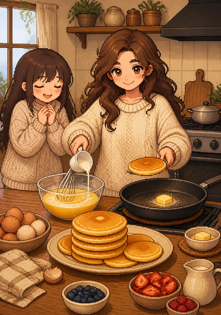Elara cracks eggs into a bowl and whisks them with a splash of cream, preparing a feast for her guests. The sizzle of butter in the pan creates a comforting melody as she flips golden pancakes onto a large ceramic platter.