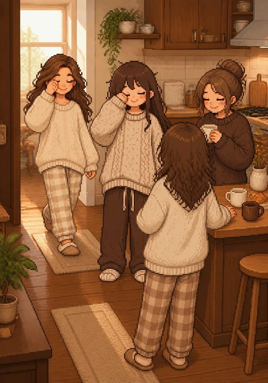 Soon, her friends begin to drift into the kitchen, rubbing sleep from their eyes and wearing oversized sweaters. Their sleepy smiles and warm good mornings fill the room with an immediate sense of belonging and joy.