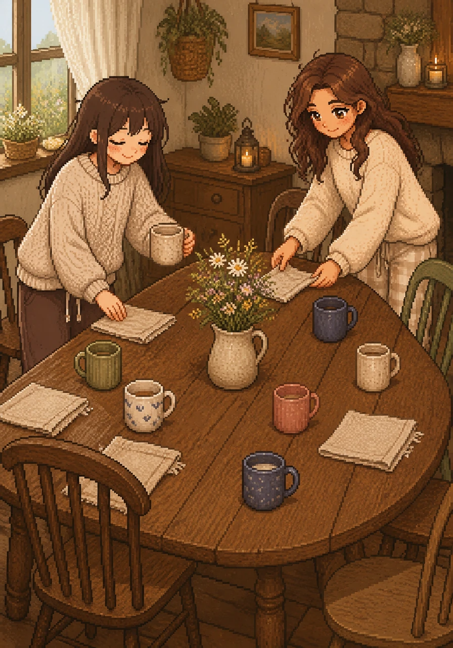 Together, they set the large oak table with mismatched mugs, linen napkins, and a small vase of wildflowers picked from the yard. The simple act of preparation feels like a dance, choreographed by years of friendship and shared memories.
