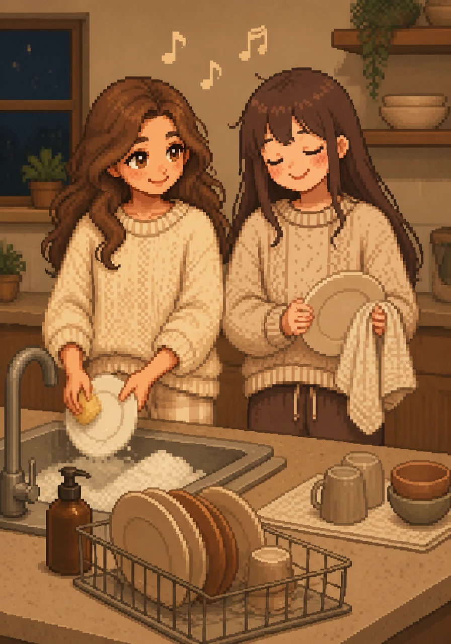 After the meal, they move to the sink together, washing and drying dishes while hummed melodies hang in the air. The chores feel light and easy when shared with hands that care, turning a routine task into a moment of connection.