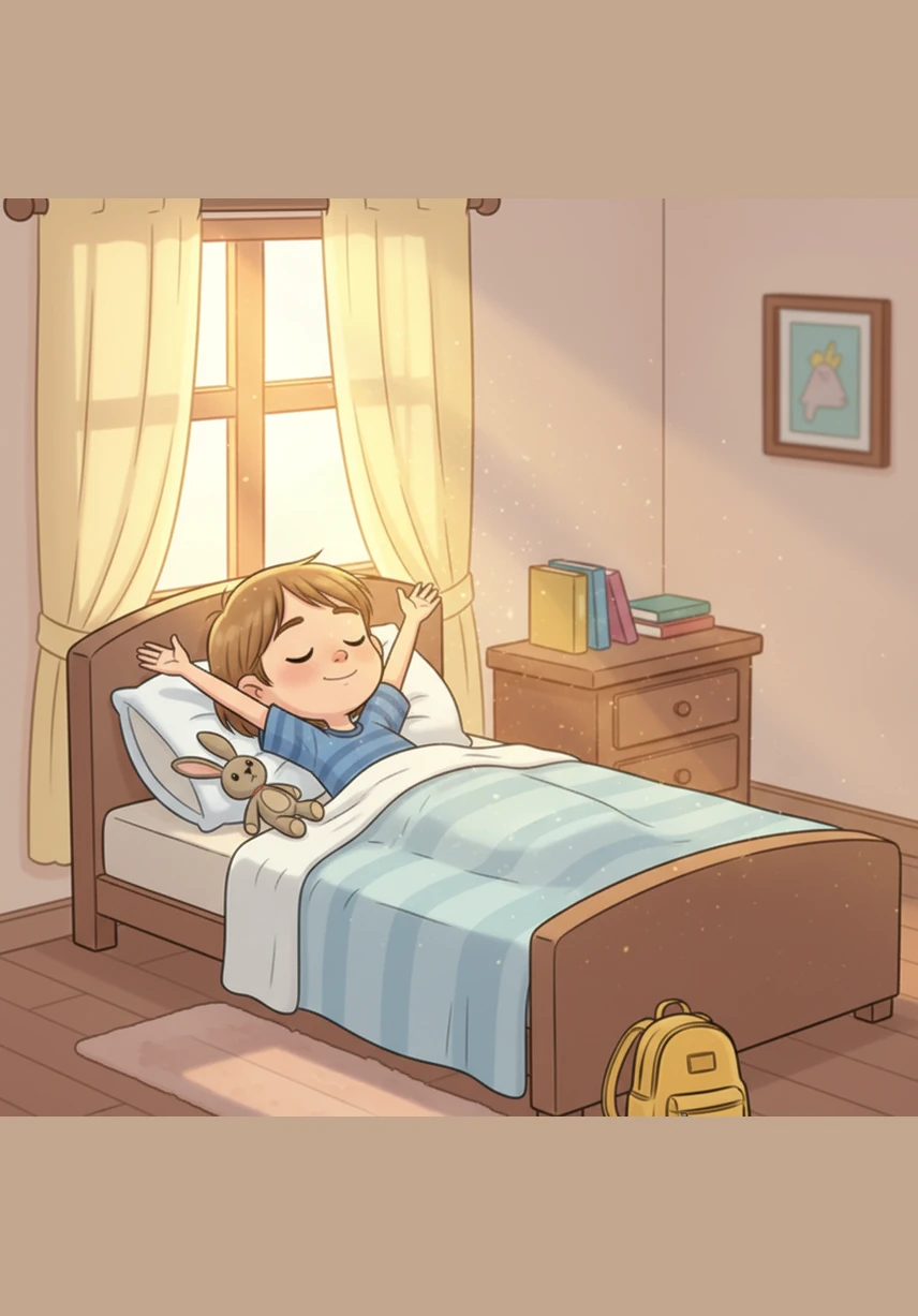 Leo wakes up as the golden morning sun peeks through his curtains, feeling the warmth on his face. He stretches his arms wide and whispers to the morning, I am ready for a wonderful day.