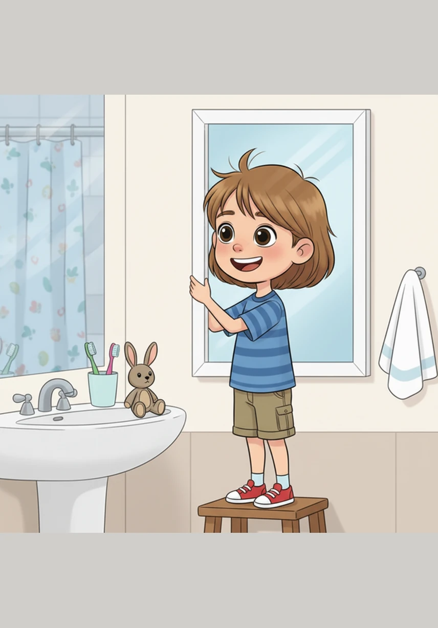 In front of the bathroom mirror, Leo stands tall and gives himself a big, bright smile. He notices his messy hair and sparkling eyes, reminding himself that he is unique and special just the way he is.