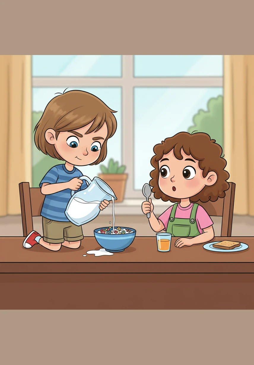 At the breakfast table, Leo tries to pour his own milk, concentrating hard as the pitcher feels heavy. Even when a little bit spills, he stays calm and says, I am learning every day, and that is okay.