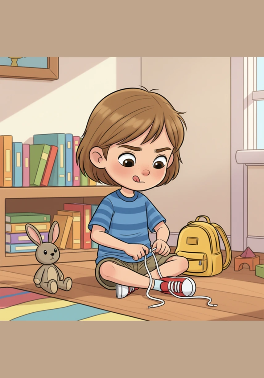 Leo sits on the floor struggling to tie his shoelaces into perfect loops. He takes a deep breath, tries one more time, and feels a surge of pride as the knot holds firm and steady.