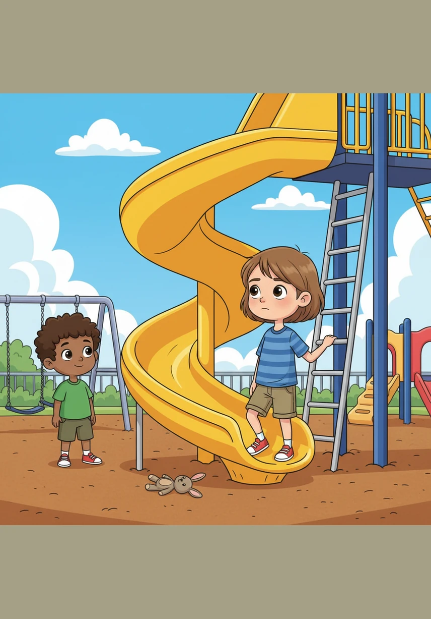 At the playground, the tall, twisty slide looks a little bit scary from the bottom. Leo places his hand on the ladder and tells his heart, I am brave enough to try new things.