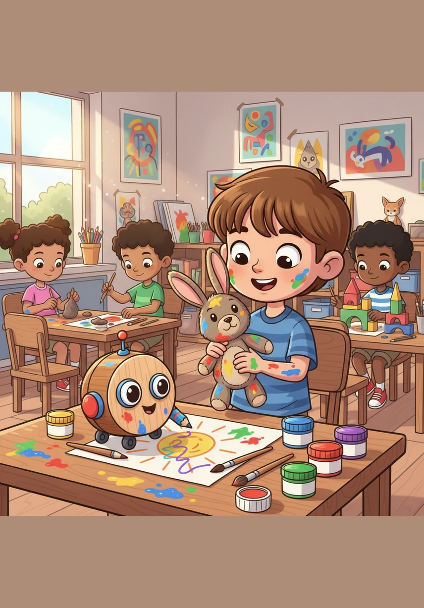 During art time, Leo accidentally knocks over a jar of blue paint, creating a large smudge on his paper. Instead of getting upset, he turns the smudge into a beautiful, crashing ocean wave.