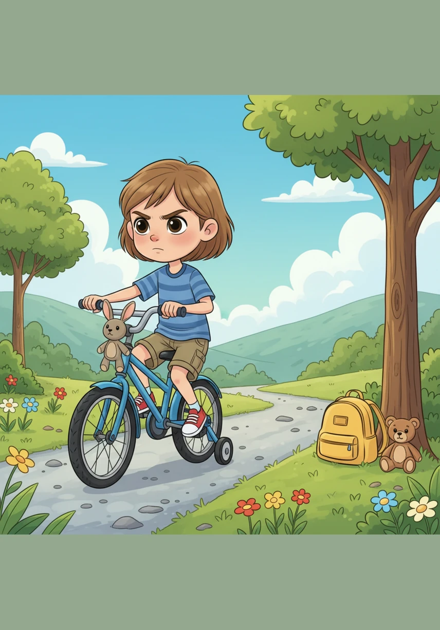 Leo practices riding his bicycle, feeling the wind rush past his ears as he pedals. When he wobbles and has to put his feet down, he simply hops back on, believing in his ability to find his balance.
