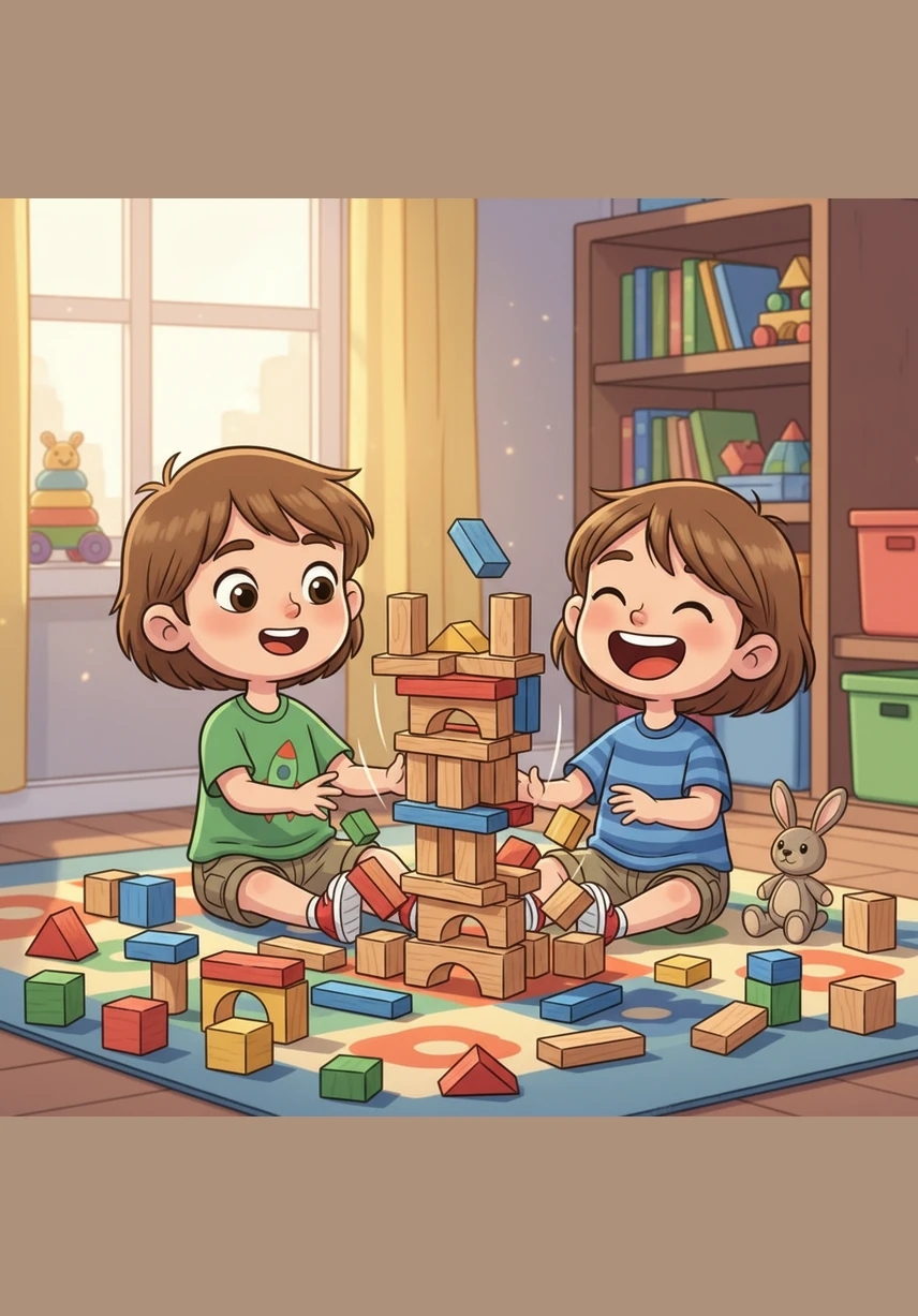 While building a magnificent castle out of wooden blocks, the whole tower suddenly tumbles down to the floor. Leo laughs at the clatter and starts building an even better tower, showing that he can always start again.