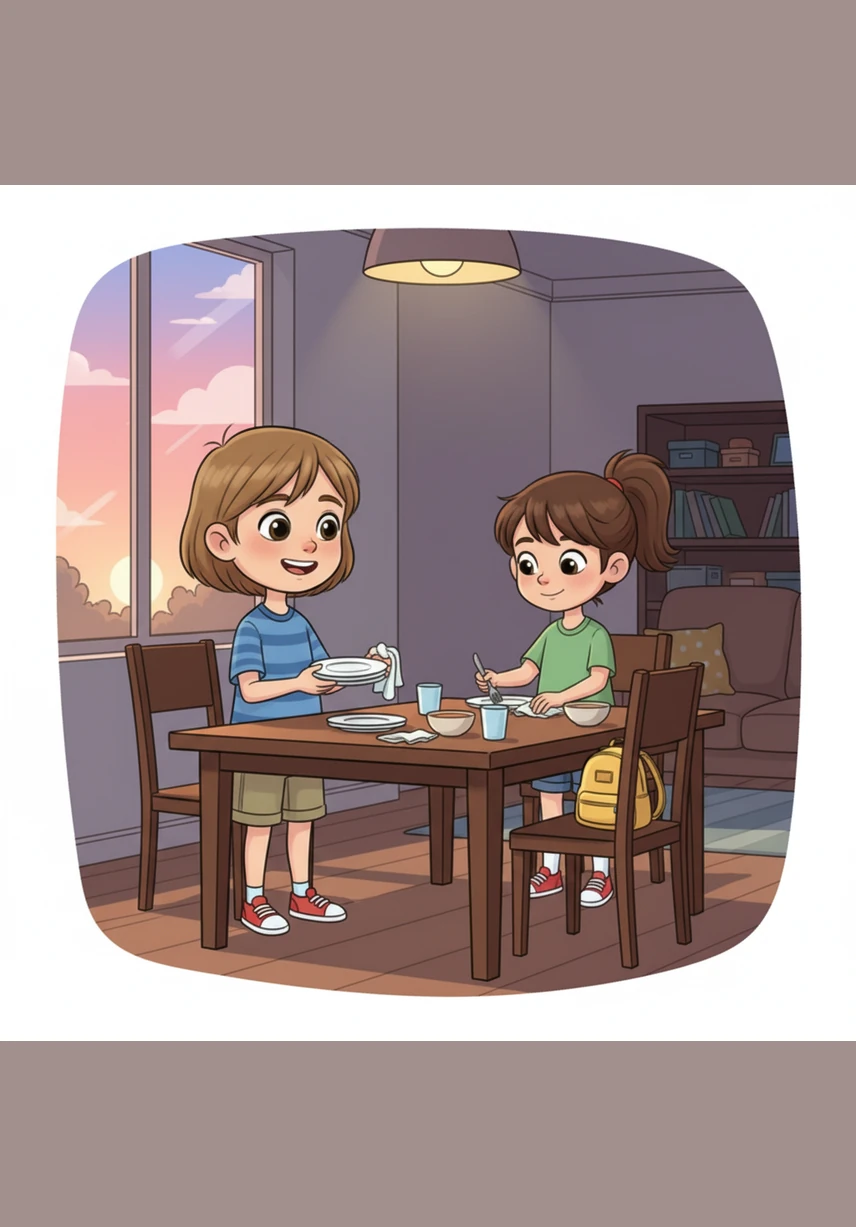 As the sun begins to set, casting pink and purple hues across the sky, Leo helps clear the table. He feels happy knowing that his small actions help his family and make his home a loving place.